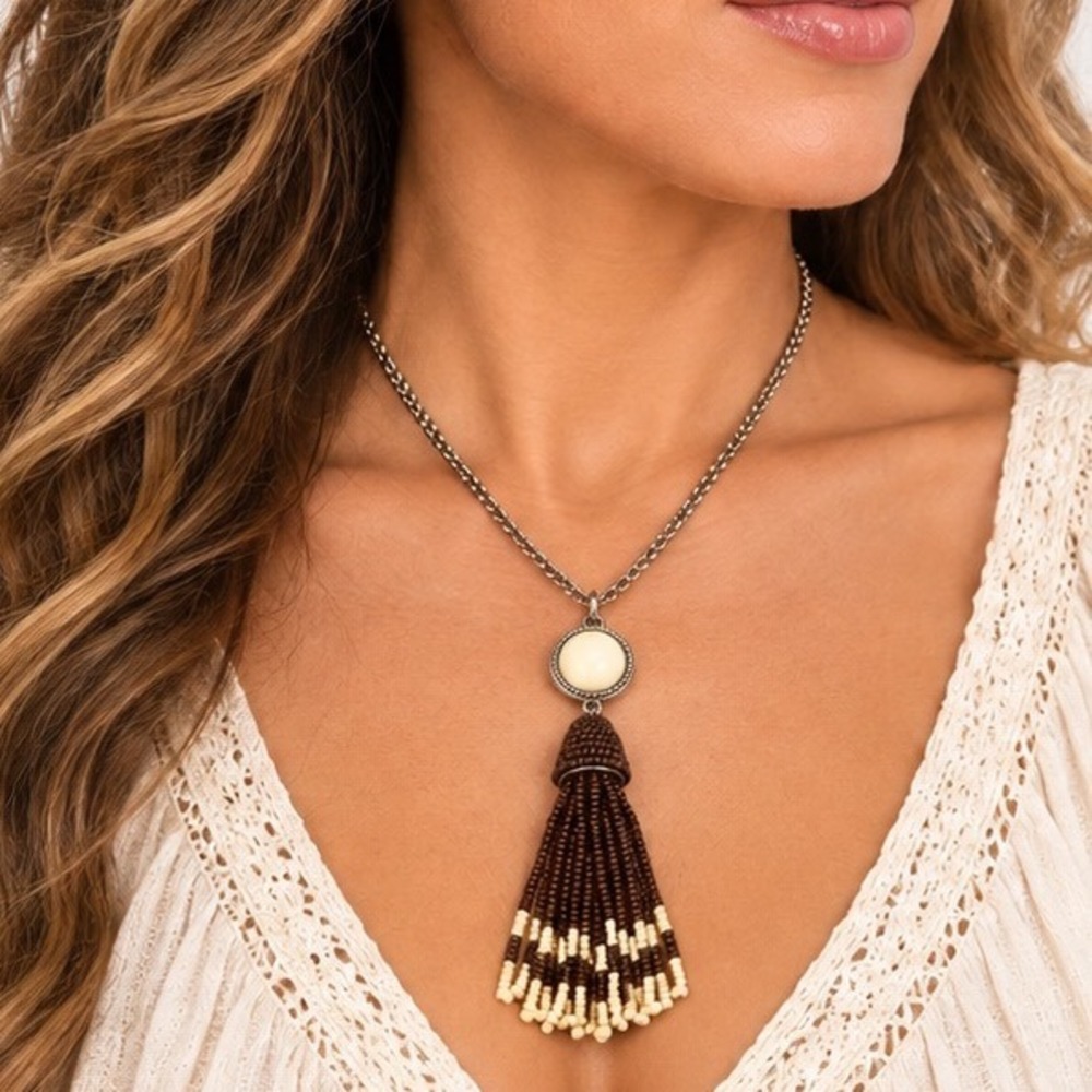 Talbots Silver Tone Brown & Yellow Seed Bead Tassel Pendant Necklace Adjustable